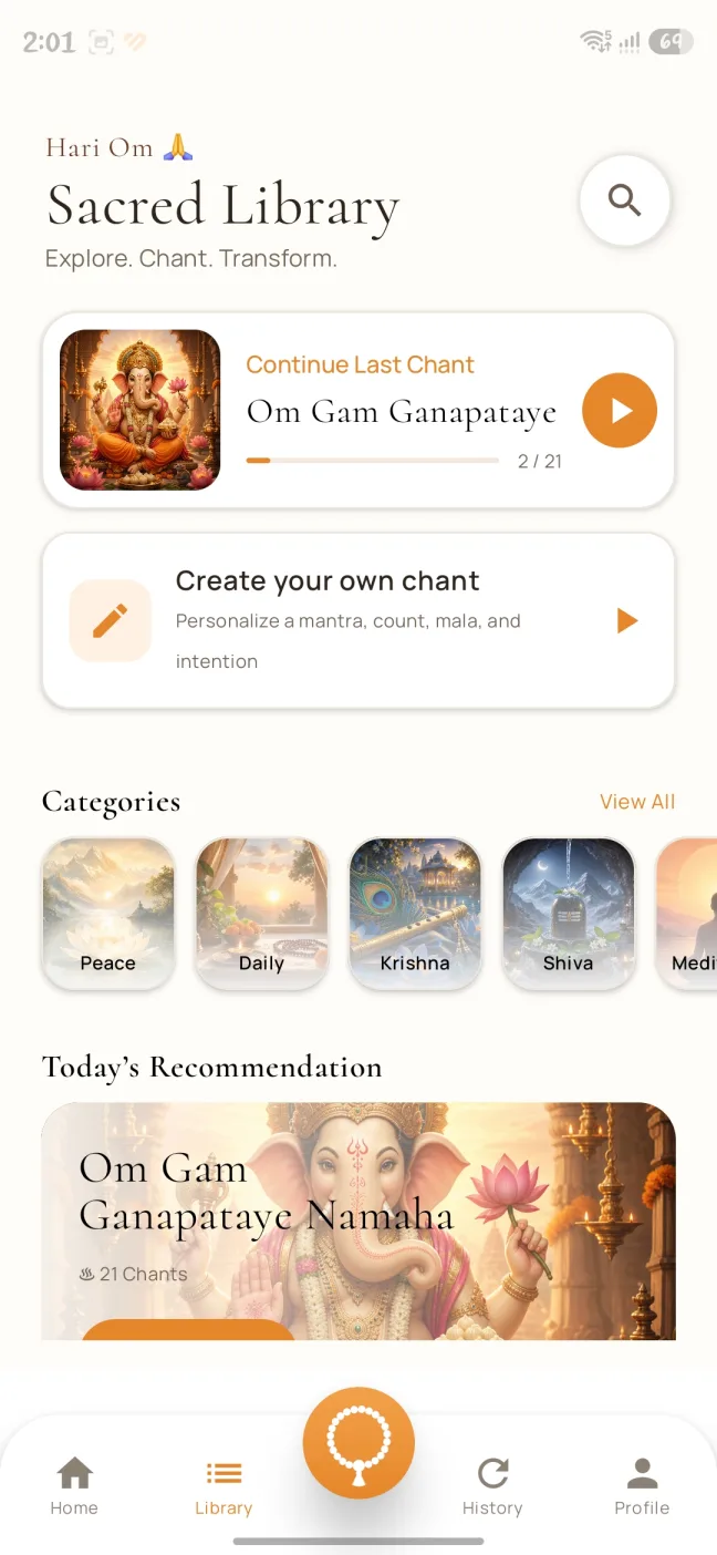 Chantly sacred library with chant categories and recommendations